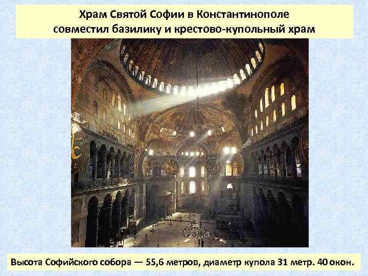 Храм Святой Софии в Константинополе совместил базилику и крестово-купольный храм Высота Софийского собора —