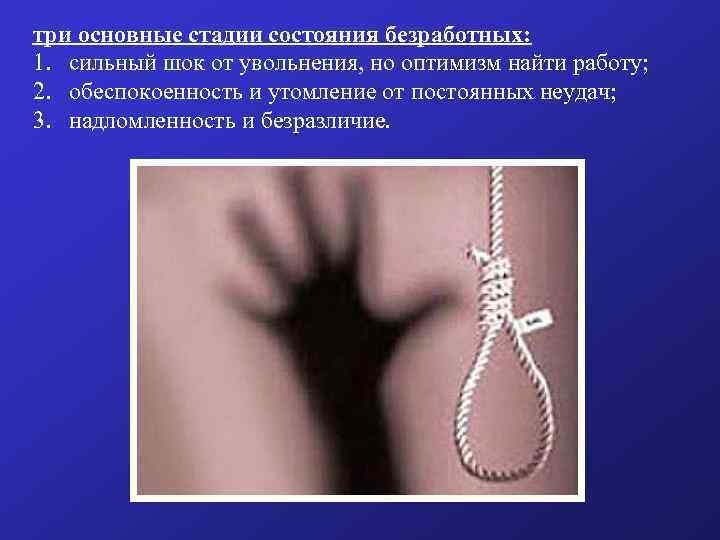 три основные стадии состояния безработных: 1. сильный шок от увольнения, но оптимизм найти работу;