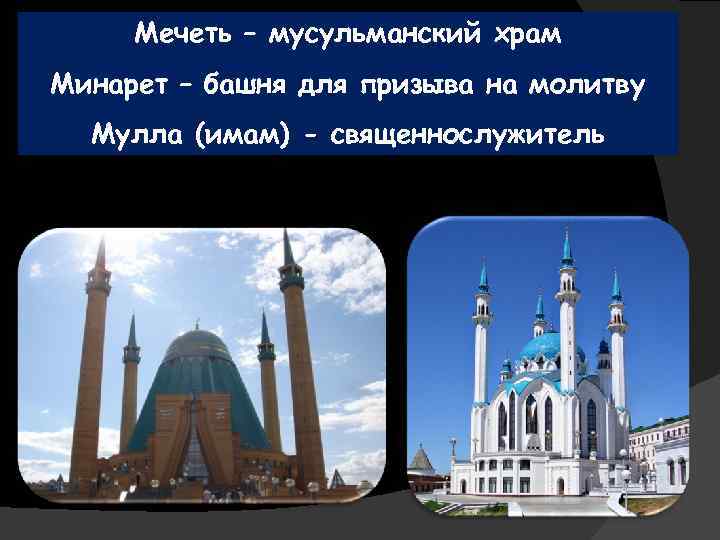Мечеть – мусульманский храм Минарет – башня для призыва на молитву Мулла (имам) -