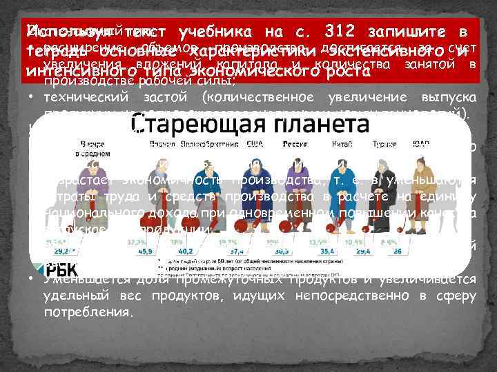 Экстенсивный тип: Используя текст учебника на с. 312 запишите в • расширение объемов производства