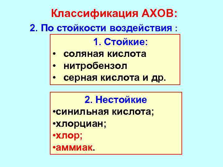 Классификация АХОВ: 2. По стойкости воздействия : 1. Стойкие: • соляная кислота • нитробензол