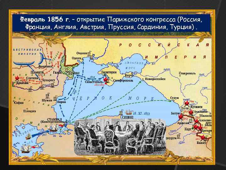 Февраль 1856 г. – открытие Парижского конгресса (Россия, Франция, Англия, Австрия, Пруссия, Сардиния, Турция).