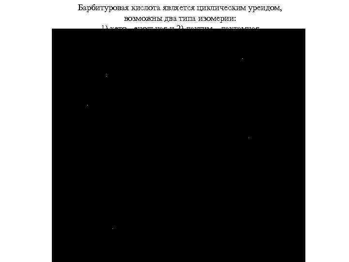 Барбитуровая кислота является циклическим уреидом, возможны два типа изомерии: 1) кето - енольная и