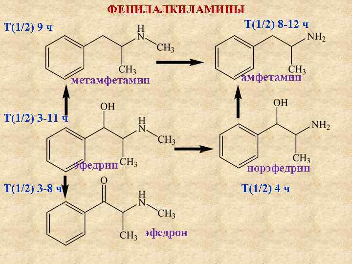 Т(1/2) 9 ч ФЕНИЛАЛКИЛАМИНЫ Т(1/2) 8 -12 ч метамфетамин Т(1/2) 3 -11 ч эфедрин