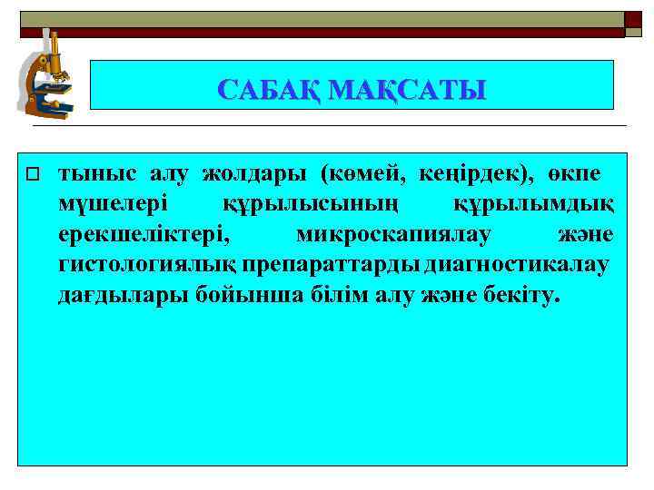 САБАҚ МАҚСАТЫ o тыныс алу жолдары (көмей, кеңірдек), өкпе мүшелері құрылысының құрылымдық ерекшеліктері, микроскапиялау