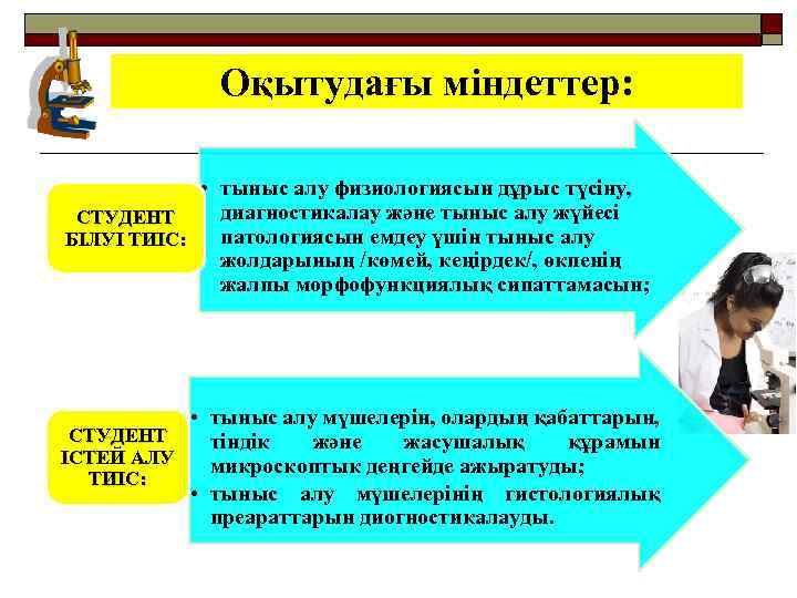 Оқытудағы міндеттер: • тыныс алу физиологиясын дұрыс түсіну, диагностикалау және тыныс алу жүйесі СТУДЕНТ