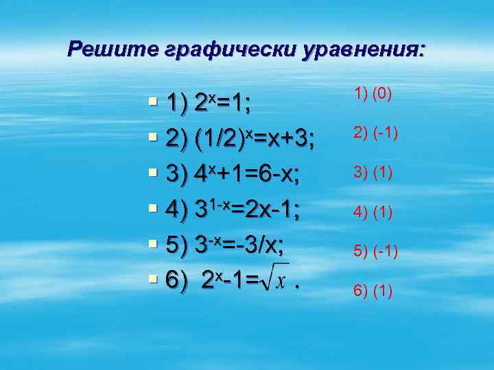 Решите графически уравнения: 1) х=1; (0) 1) 2 § 2) (-1) § 2) (1/2)х=х+3;
