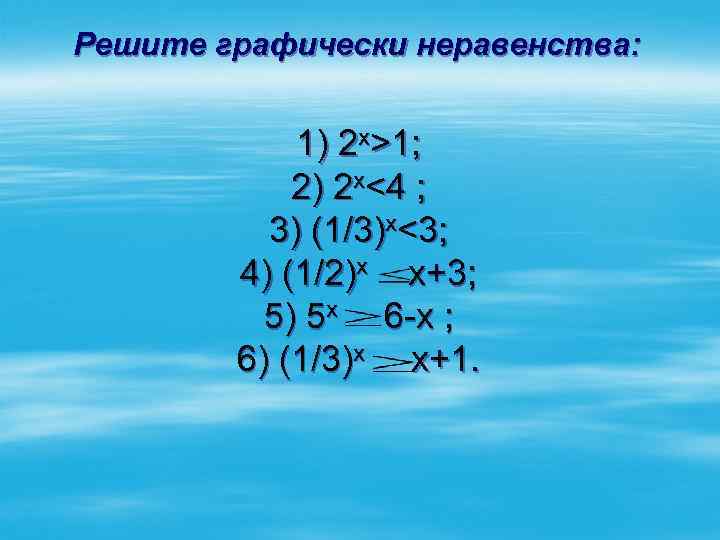 Решите графически неравенства: 1) 2 х>1; 2) 2 х<4 ; 3) (1/3)х<3; 4) (1/2)x