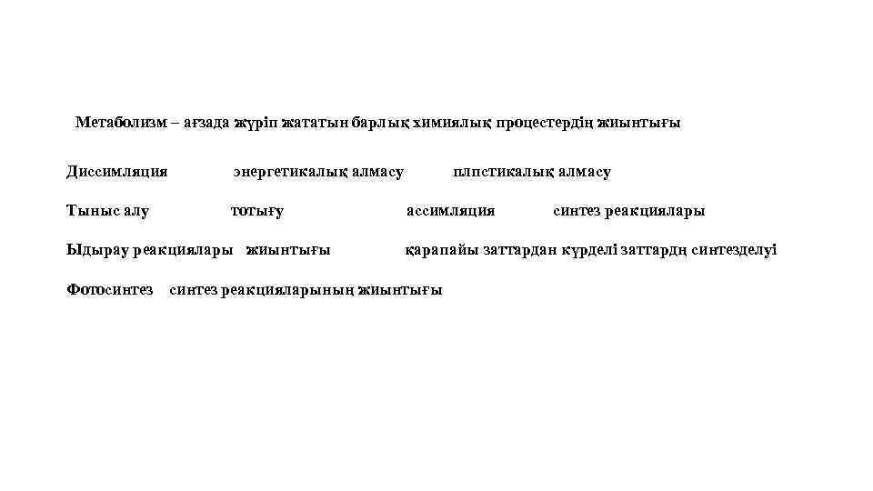 Метаболизм – ағзада жүріп жататын барлық химиялық процестердің жиынтығы Диссимляция энергетикалық алмасу Тыныс алу