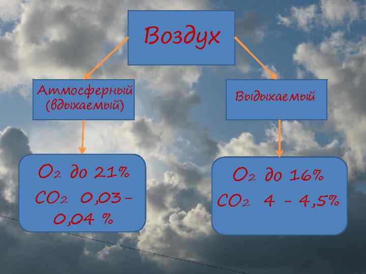 Воздух Атмосферный (вдыхаемый) Выдыхаемый О 2 до 21% О 2 до 16% СО 2