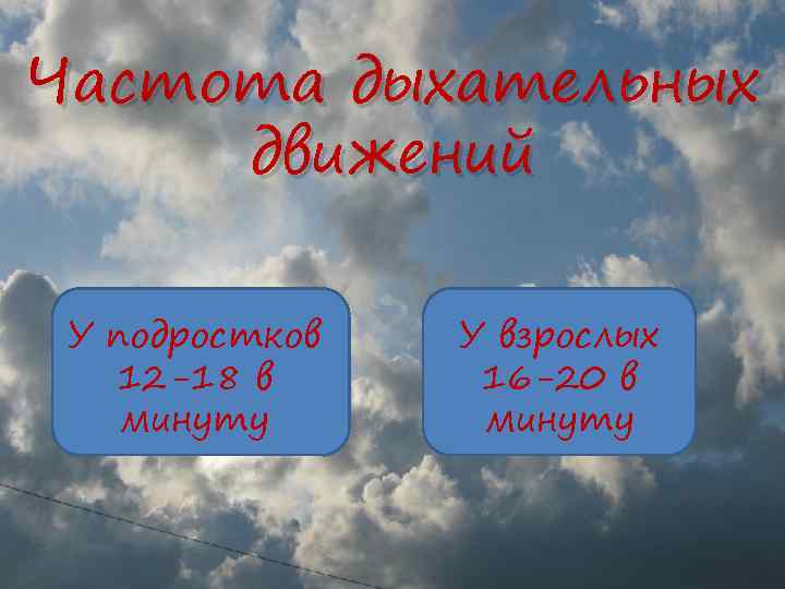 Частота дыхательных движений У подростков 12 -18 в минуту У взрослых 16 -20 в