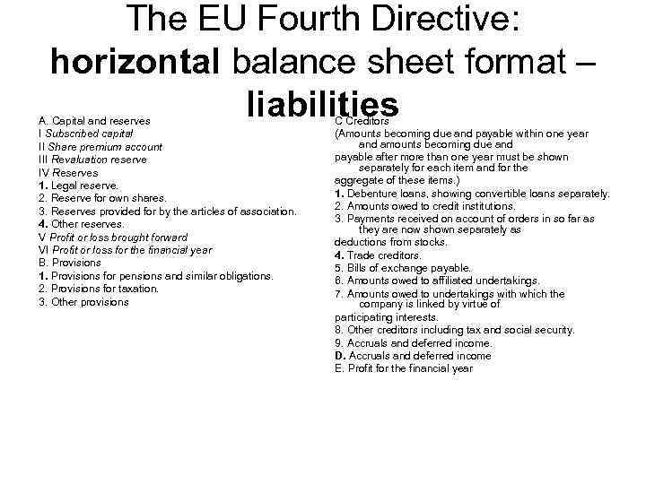 The EU Fourth Directive: horizontal balance sheet format – liabilities A. Capital and reserves