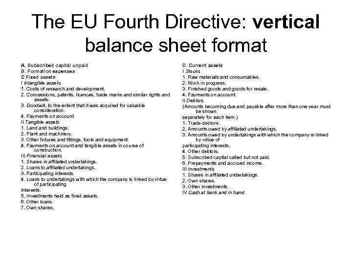 The EU Fourth Directive: vertical balance sheet format A. Subscribed capital unpaid B. Formation