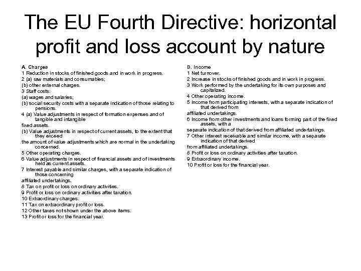 The EU Fourth Directive: horizontal profit and loss account by nature A. Charges 1