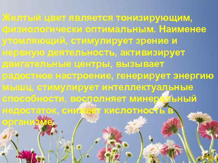 Желтый цвет является тонизирующим, физиологически оптимальным. Наименее утомляющий, стимулирует зрение и нервную деятельность, активизирует