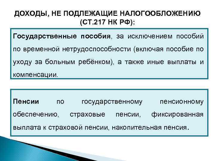 ДОХОДЫ, НЕ ПОДЛЕЖАЩИЕ НАЛОГООБЛОЖЕНИЮ (СТ. 217 НК РФ): Государственные пособия, за исключением пособий по