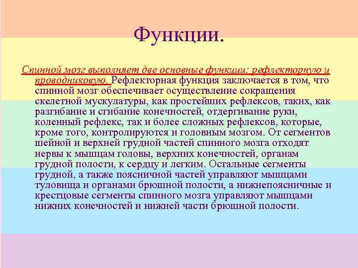 Функции. Спинной мозг выполняет две основные функции: рефлекторную и проводниковую. Рефлекторная функция заключается в