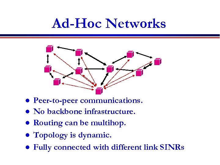 Ad-Hoc Networks l l l Peer-to-peer communications. No backbone infrastructure. Routing can be multihop.