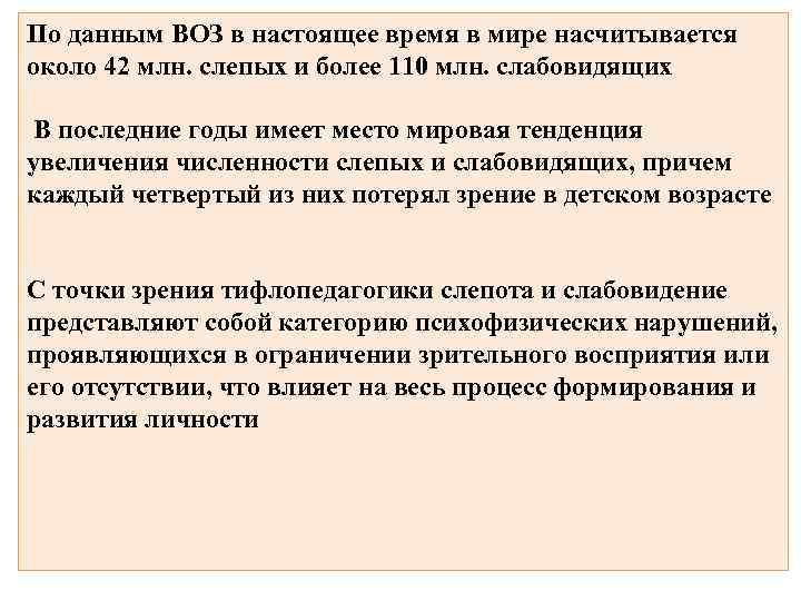 По данным ВОЗ в настоящее время в мире насчитывается около 42 млн. слепых и