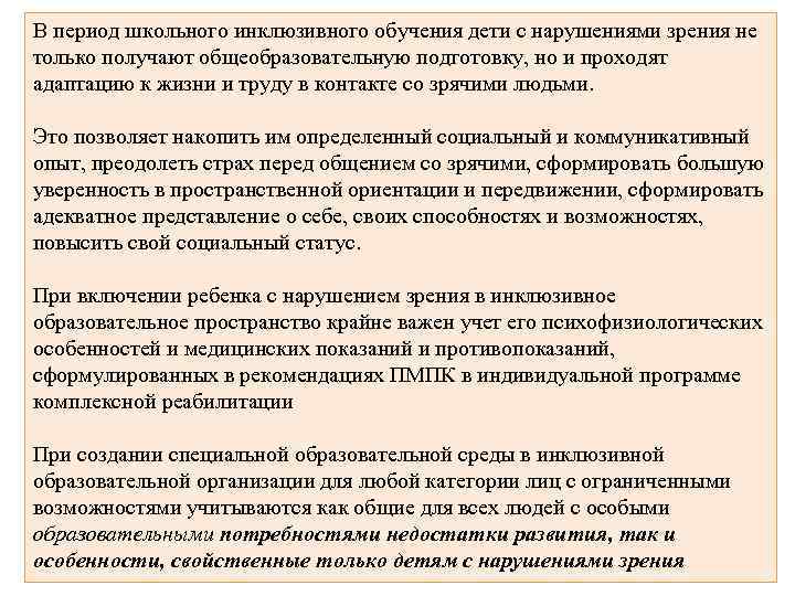 В период школьного инклюзивного обучения дети с нарушениями зрения не только получают общеобразовательную подготовку,