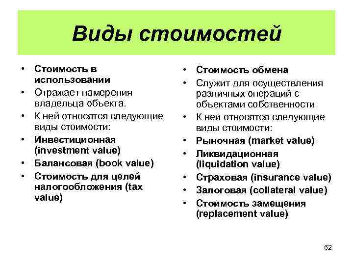 Виды стоимостей • Стоимость в использовании • Отражает намерения владельца объекта. • К ней