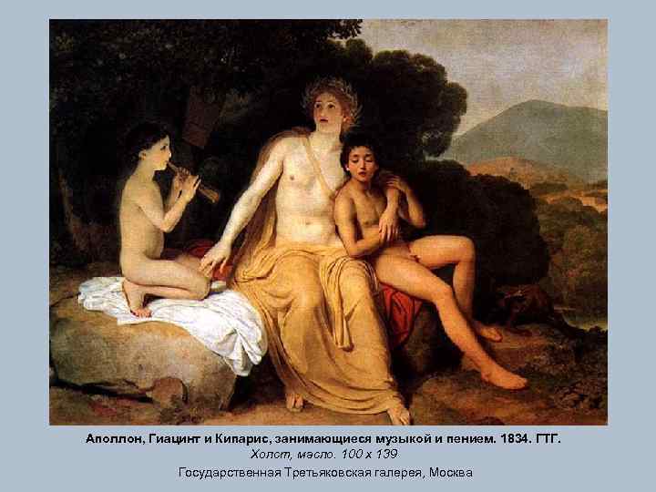 Аполлон, Гиацинт и Кипарис, занимающиеся музыкой и пением. 1834. ГТГ. Холст, масло. 100 х