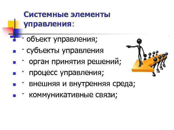 Системные элементы управления: n n n · объект управления; · субъекты управления · орган