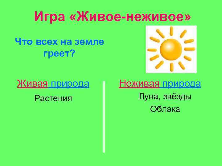 Игра «Живое-неживое» Что всех на земле греет? Живая природа Растения Неживая природа Луна, звёзды