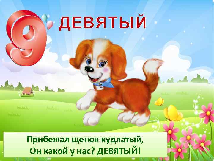 ДЕВЯТЫЙ Прибежал щенок кудлатый, Он какой у нас? ДЕВЯТЫЙ! 
