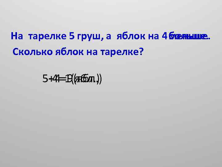 На тарелке 5 груш, а яблок на 4 больше. меньше. Сколько яблок на тарелке?