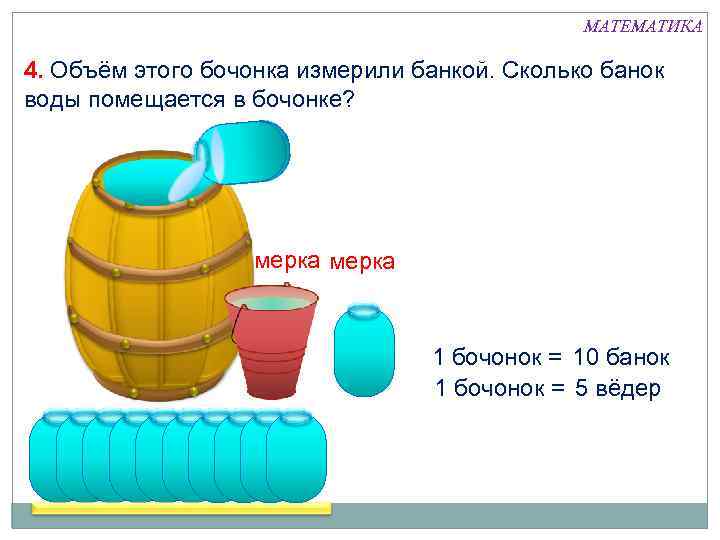 МАТЕМАТИКА 4. Объём этого бочонка измерили банкой. Сколько банок воды помещается в бочонке? мерка