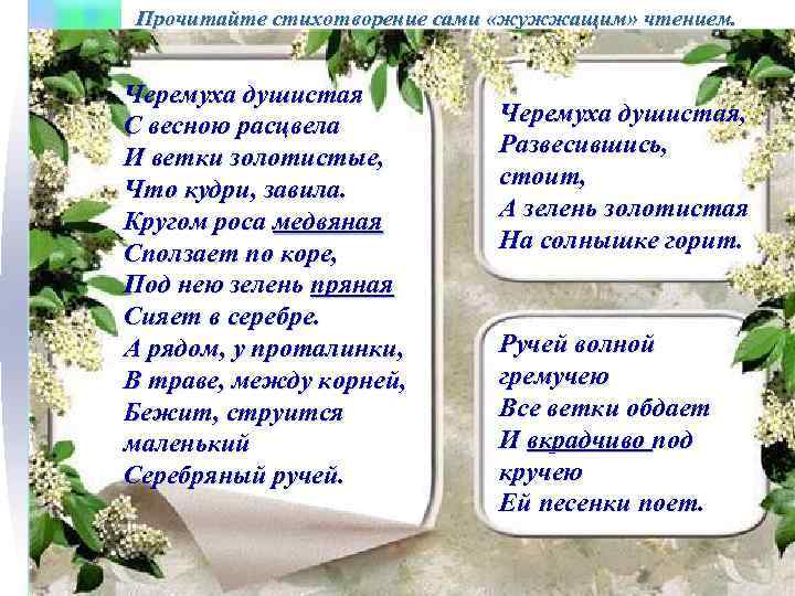 Прочитайте стихотворение сами «жужжащим» чтением. Черемуха душистая С весною расцвела И ветки золотистые, Что