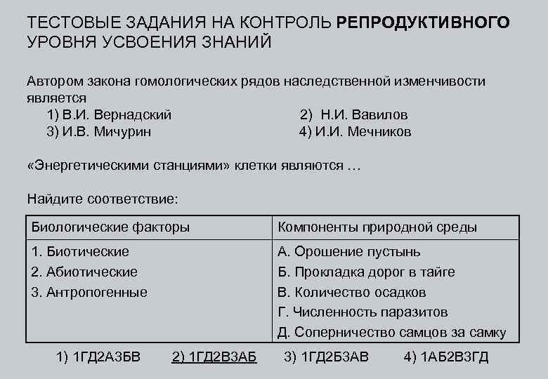 ТЕСТОВЫЕ ЗАДАНИЯ НА КОНТРОЛЬ РЕПРОДУКТИВНОГО УРОВНЯ УСВОЕНИЯ ЗНАНИЙ Автором закона гомологических рядов наследственной изменчивости