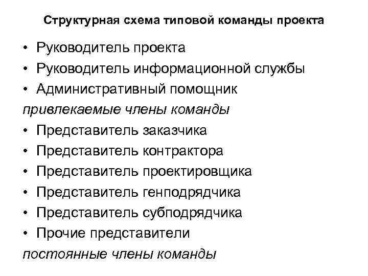 Структурная схема типовой команды проекта • Руководитель проекта • Руководитель информационной службы • Административный