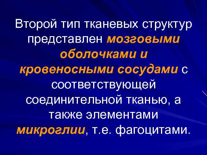 Второй тип тканевых структур представлен мозговыми оболочками и кровеносными сосудами с соответствующей соединительной тканью,