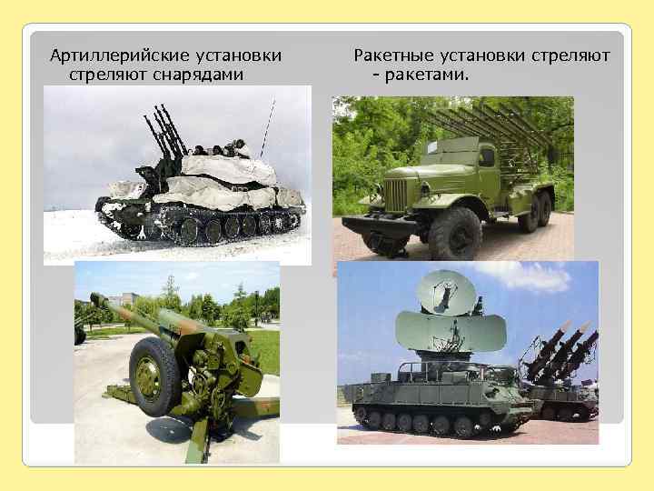 Артиллерийские установки стреляют снарядами Ракетные установки стреляют - ракетами. 