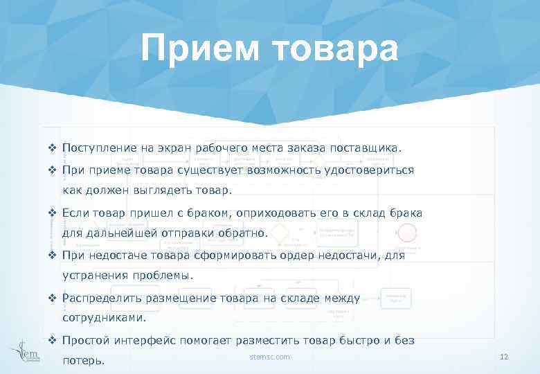 Прием товара v Поступление на экран рабочего места заказа поставщика. v При приеме товара