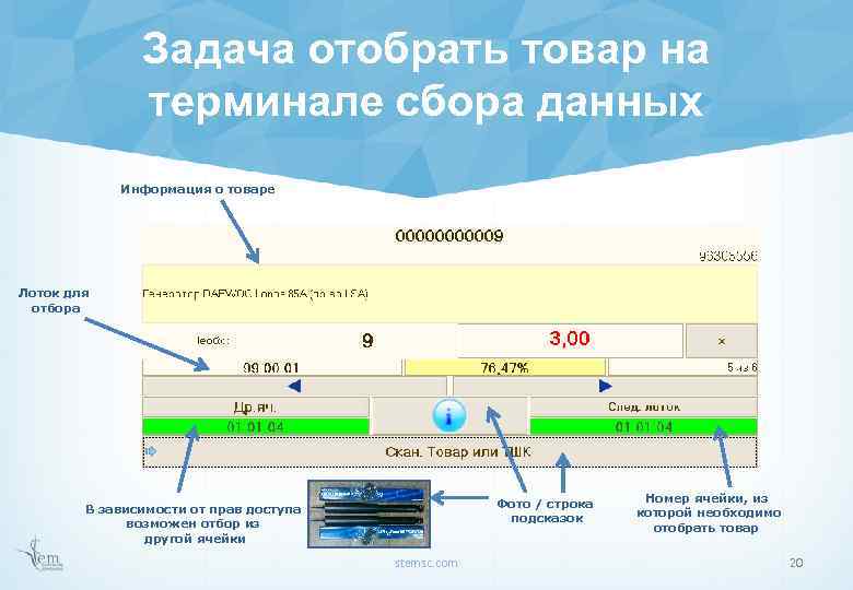 Задача отобрать товар на терминале сбора данных Информация о товаре Лоток для отбора Фото