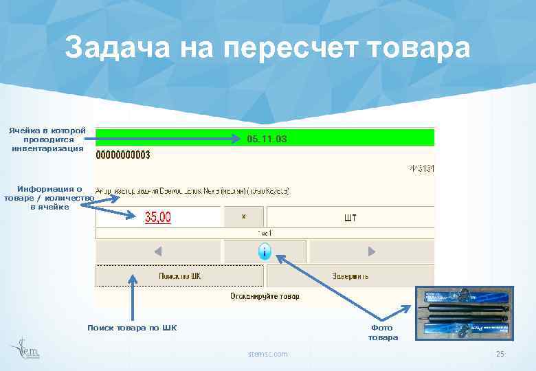 Задача на пересчет товара Ячейка в которой проводится инвентаризация Информация о товаре / количество