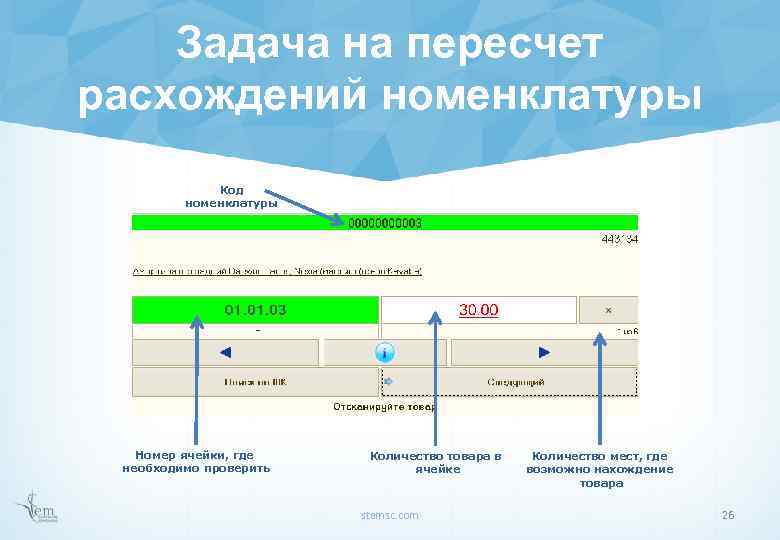 Задача на пересчет расхождений номенклатуры Код номенклатуры Номер ячейки, где необходимо проверить Количество товара