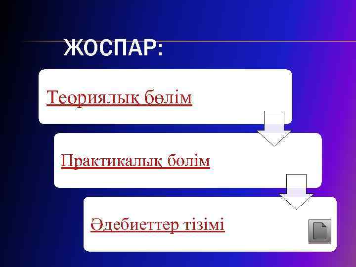 ЖОСПАР: Теориялық бөлім Практикалық бөлім Әдебиеттер тізімі 