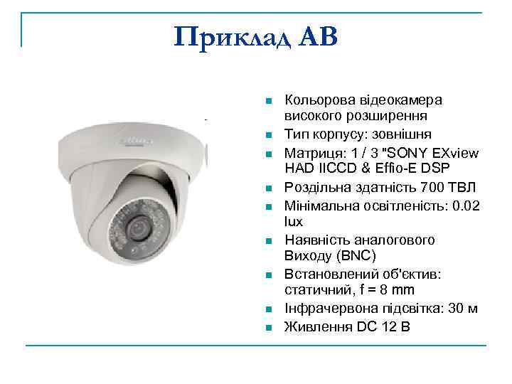 Приклад АВ n n n n n Кольорова відеокамера високого розширення Тип корпусу: зовнішня