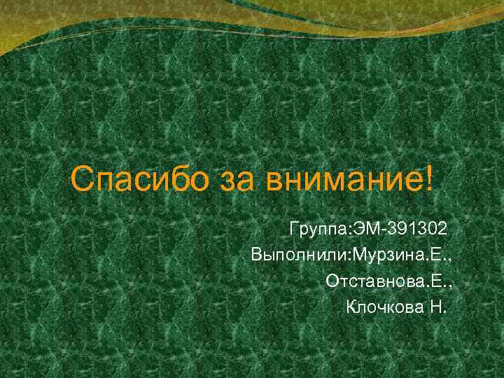 Спасибо за внимание! Группа: ЭМ-391302 Выполнили: Мурзина. Е. , Отставнова. Е. , Клочкова Н.
