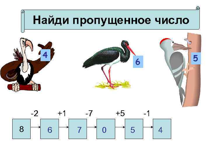 Найди пропущенное число 4 -2 8 +1 6 5 6 -7 7 +5 0