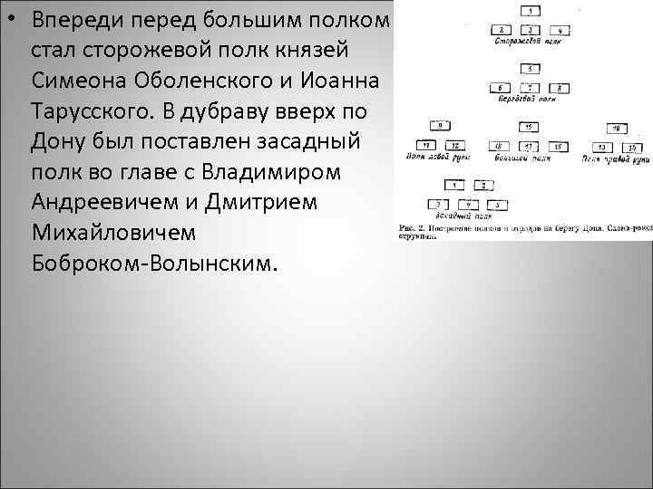  • Впереди перед большим полком стал сторожевой полк князей Симеона Оболенского и Иоанна