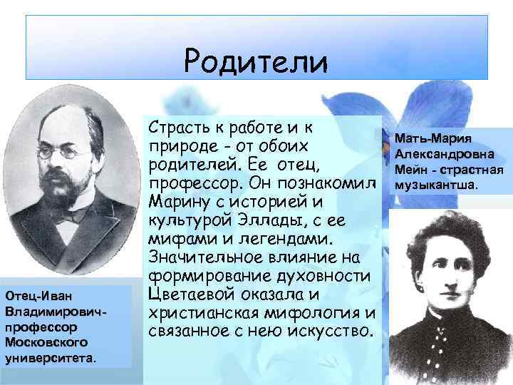 Родители Отец-Иван Владимировичпрофессор Московского университета. Страсть к работе и к природе - от обоих