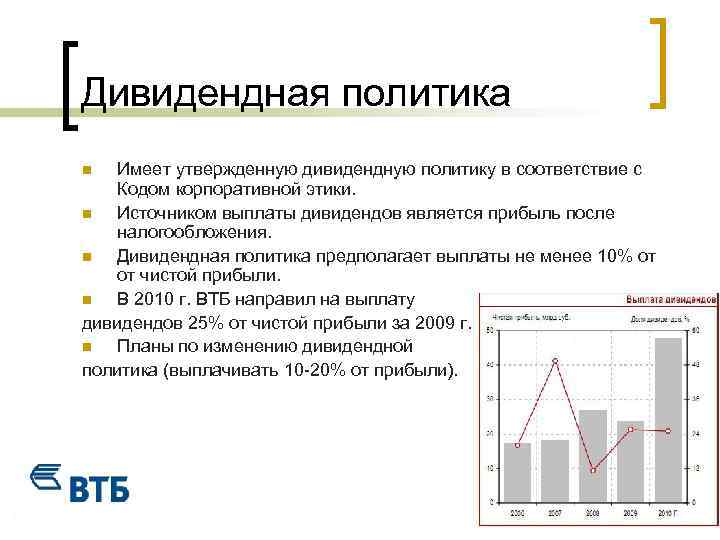 Дивидендная политика Имеет утвержденную дивидендную политику в соответствие с Кодом корпоративной этики. n Источником