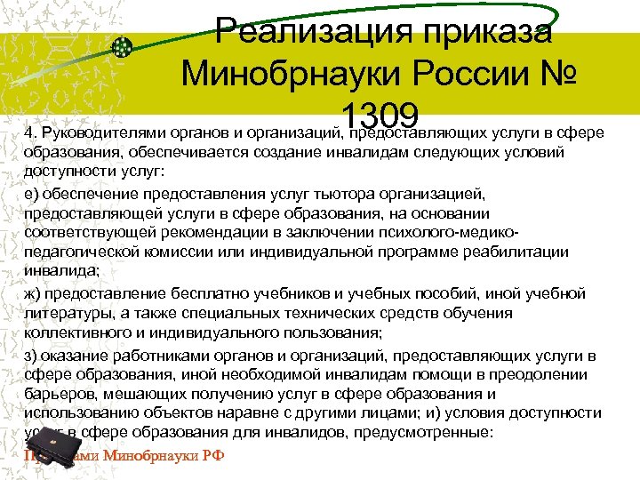  Реализация приказа Минобрнауки России № 1309 4. Руководителями органов и организаций, предоставляющих услуги
