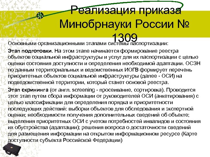  Реализация приказа Минобрнауки России № 1309 Основными организационными этапами системы паспортизации: Этап подготовки.