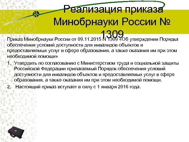  Реализация приказа Минобрнауки России № 1309 Приказ Минобрнауки России от 09. 11. 2015